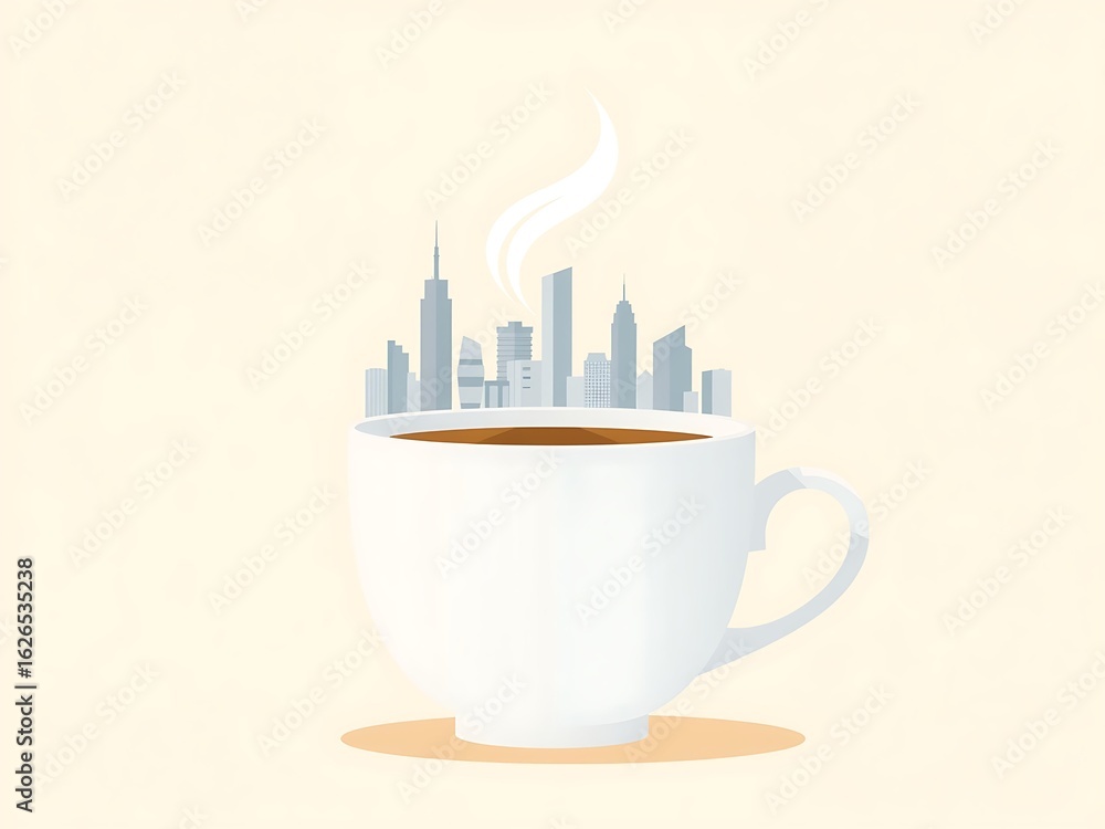 Obraz premium Flat vector illustration of a coffee cup with steam rising as a city skyline silhouette — modern urban morning concept symbolizing energy, productivity, and city life inspiration
