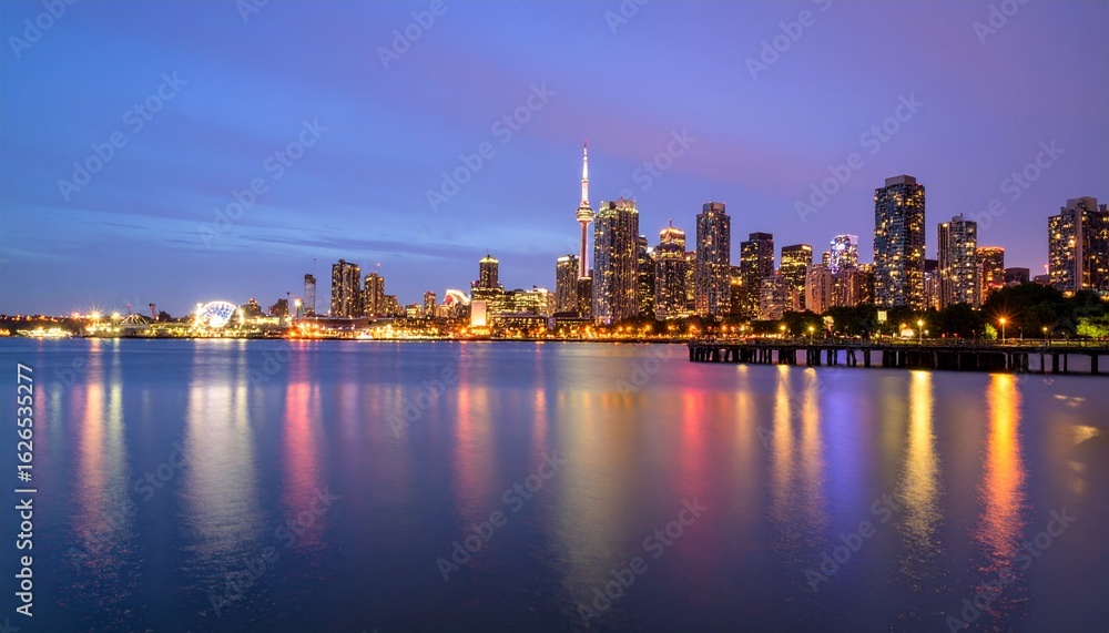 Fototapeta premium A city skyline at twilight, glowing lights from skyscrapers, reflected in calm water, captured with pristine focus