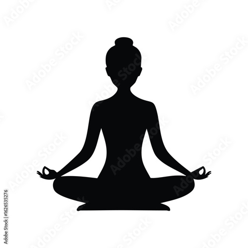 Black vector silhouette of a person meditating in the lotus position. A minimalist icon representing yoga, harmony, and inner peace for a healthy lifestyle.