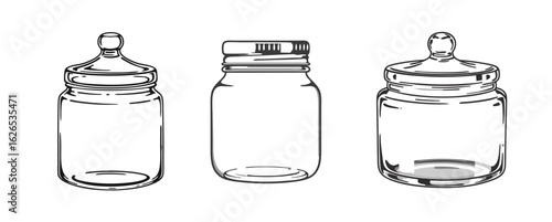 Glass jars in various shapes and sizes for storage or display  