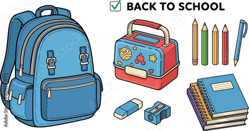 A back to school illustration featuring a backpack lunchbox pencils and other school supplies neatly arranged
