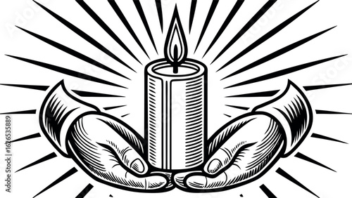 Hands holding a burning candle with radiating light rays in vintage line art
