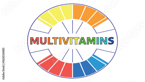 Multivitamins label with colorful circular chart showing nutrient variety
