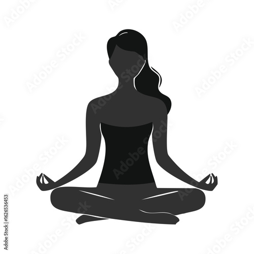 Vector graphic of a female silhouette meditating in a serene lotus position, a symbol for peace, spiritual wellness, and balance.