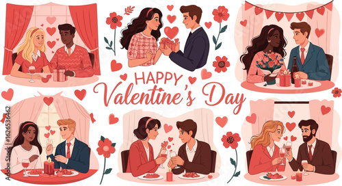 Illustration of happy valentine's day with couples dining and exchanging gifts in a romantic setting