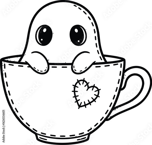 Cute ghost in a teacup with stitched heart, adorable spooky season illustration, whimsical Halloween design element for greeting cards and party invitations