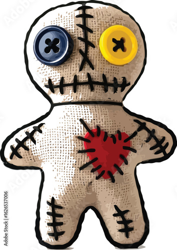 Handmade voodoo doll with button eyes and stitched heart, representing curses, spells