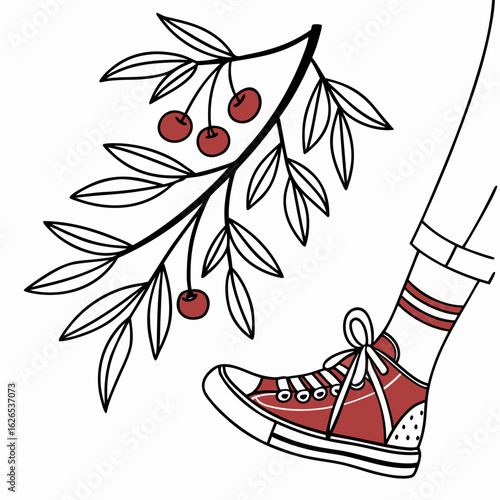 A person wearing red sneakers and striped socks reaches for cherries on a branch