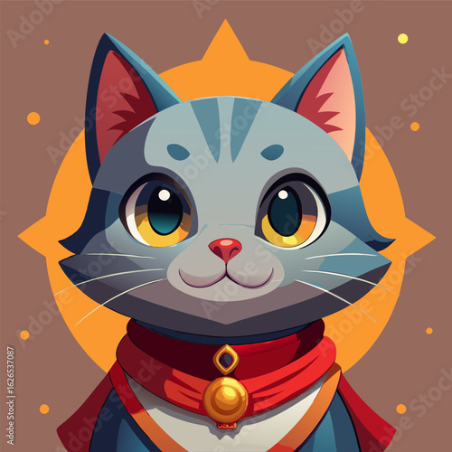 Cute gray cat character wearing a red cape and golden collar. presented in a cartoon style portrait against a beige background with a starburst design. Friendly feline hero with a specific location.