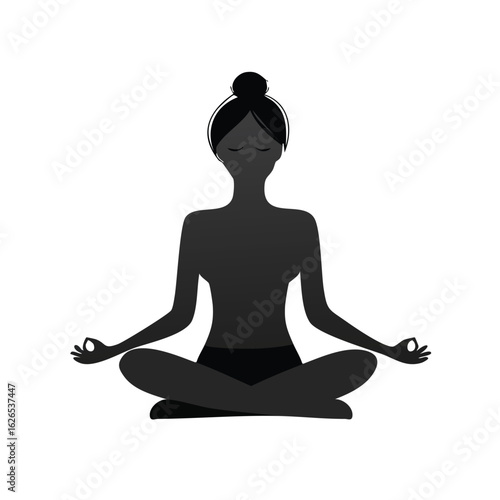Silhouette of a woman practicing yoga in the lotus position. A vector icon for wellness, mindfulness, and serene meditation concepts.