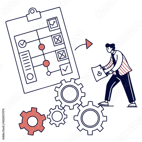Businessman interacting with a project plan checklist and gears representing workflow and process