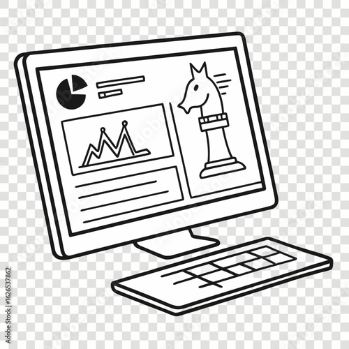 Computer screen displaying charts and a chess knight symbolizing strategic business planning and analysis