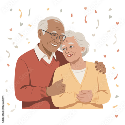 Happy senior couple celebrating an anniversary, embracing with love under falling confetti. Vector illustration of elderly romance and togetherness.