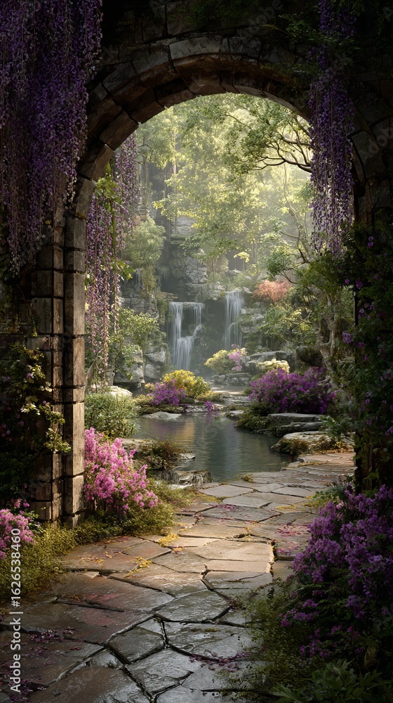 Obraz premium Garden arch with waterfalls and purple flowers, stone path leading into the distance, green plants on both sides, wet ground after rain, high-definition photography.