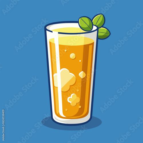 Orange juice drink in a tall glass with mint garnish. Refreshing beverage served on a plain background. General public. Restaurant beverage menu item. illustration.