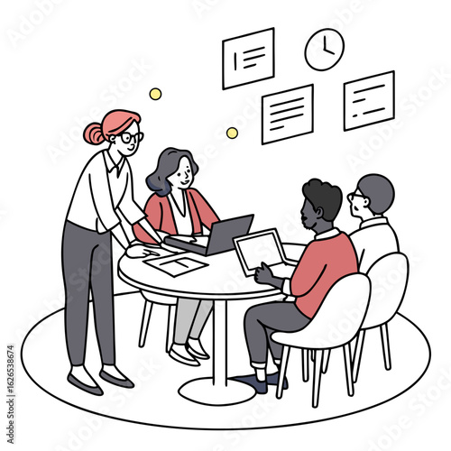 Diverse team collaborating around a table with laptops and documents during a meeting