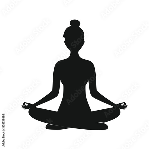 Silhouette of a woman in a lotus yoga pose. A vector illustration of a girl meditating in a cross-legged position for wellness