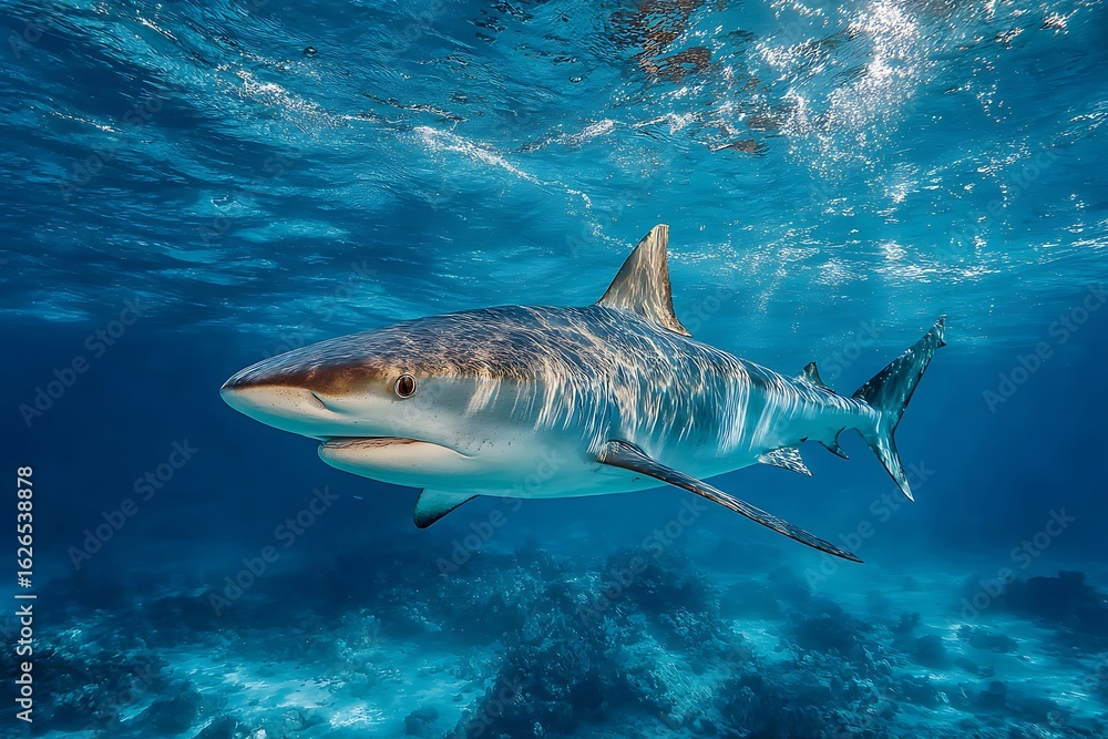 Fototapeta premium Tiger Shark Swimming Over Coral Reef Underwater Ocean Scene