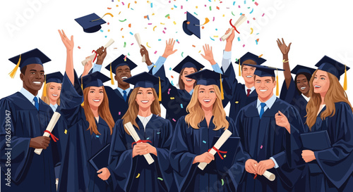 Group of diverse graduates celebrating with diplomas and confetti in graduation gowns and caps smiling