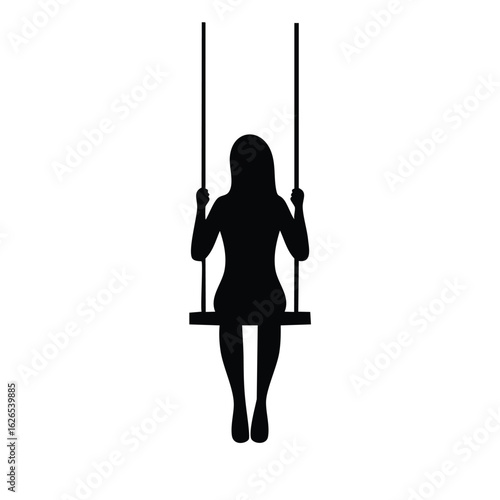 A solitary figure of a woman on a swing, an isolated black silhouette vector illustration concept for loneliness, reflection, and peace.