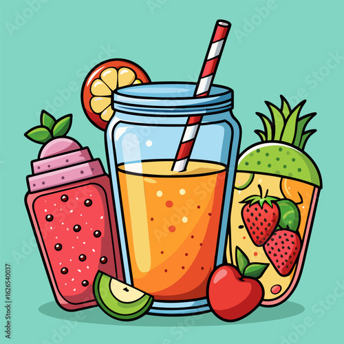 Fruit smoothies and healthy drinks in cartoon style. Colorful fruit based drinks and snacks for healthy lifestyle promotions.