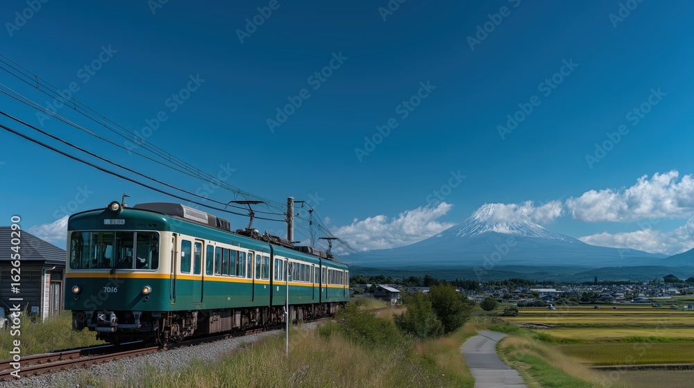 Naklejka premium Train Rolling Through Green Fields and Distant Fuji