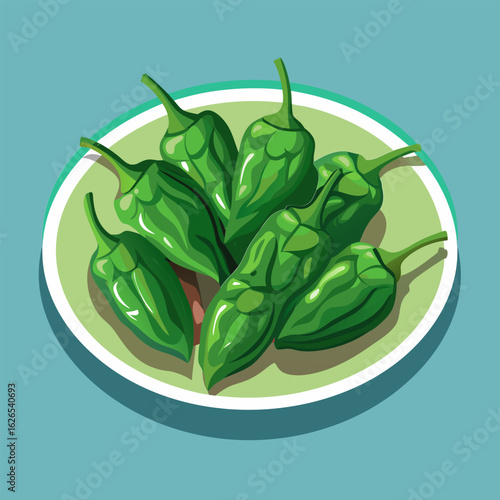 Fresh green peppers arranged on a plate. Vibrant illustration of peppers in a flat lay style.