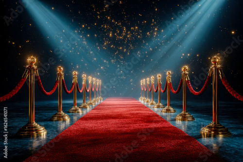 Luxurious celebrity red carpet with velvet ropes and sparkling lights on a starry night background