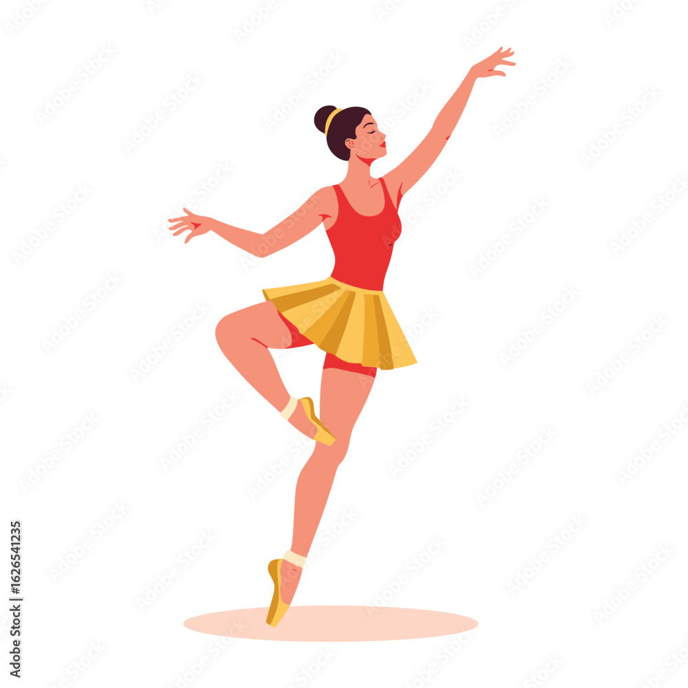 Ballerina dancing gracefully in red outfit with yellow skirt Ballerina dancing gracefully in red outfit with yellow skirt