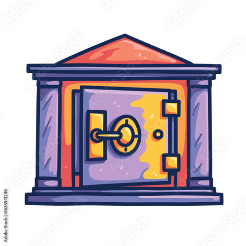 Illustration of a colorful bank safe with a secure locking mechanism  