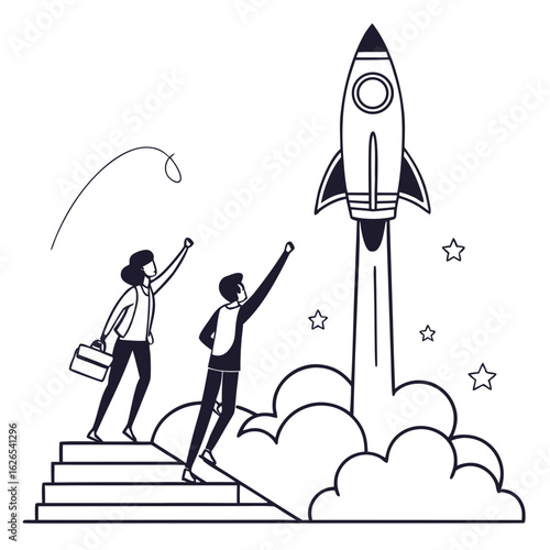 Two business people reaching for a launching rocket ship symbolizing startup success and ambition