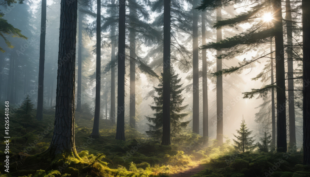 Obraz premium Sunlit Forest Canopy: Sunlight streams through the dense canopy of a lush forest, illuminating a verdant path below, invoking a sense of tranquility and the magic of nature.