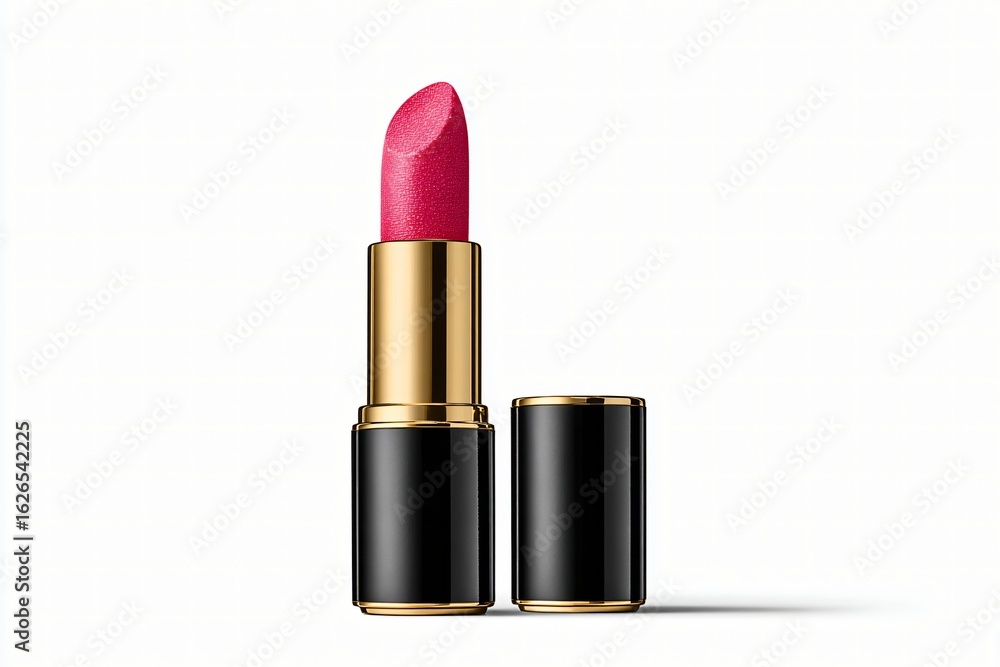 Fototapeta premium Pink lipstick with black and gold tube on a clean background for beauty ads