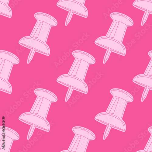 Seamless pattern with hand drawn pink push pins. Perfect for stationery, school, crafts, and creative design projects.