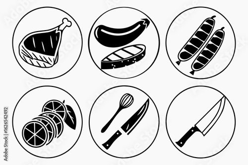 Minimalist food preparation icon set. Vector illustrations of raw meat, grilled food, sausages, sliced lemon, and chef's knives for culinary design.