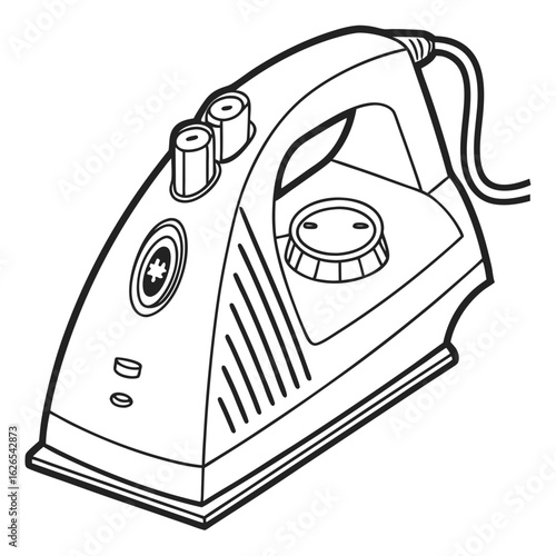 Black and white line drawing illustration of a modern electric iron with a cord and controls