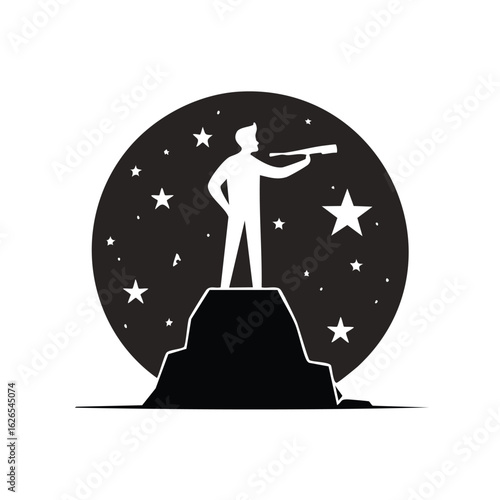 A visionary explorer stands on a peak, gazing at the stars with a spyglass. A black and white icon for goals, ambition, and discovery.