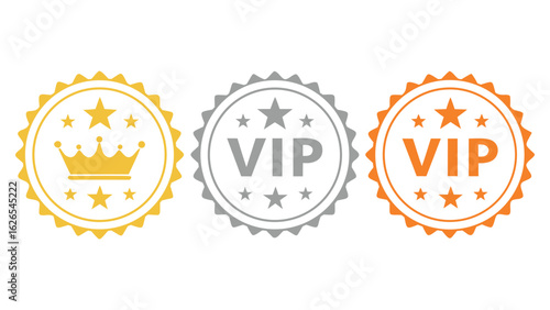 Vip member badges with stars and crowns in gold silver and orange colors
