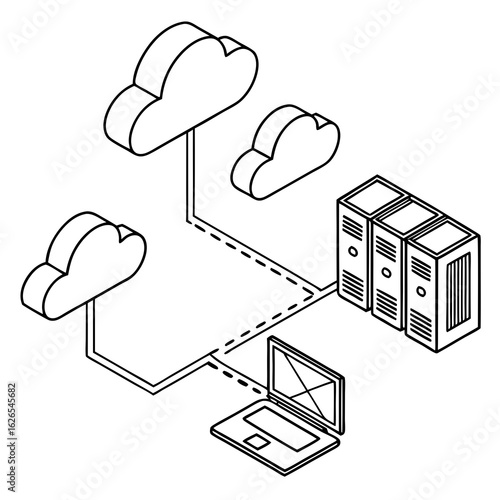 Isometric line art illustration of cloud computing network connecting servers and a laptop