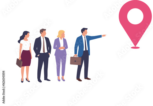 Business team with location pin, corporate travel, destination planning, professionals, strategy, teamwork, navigation, map icon, success, leadership, collaboration, business trip, direction, 