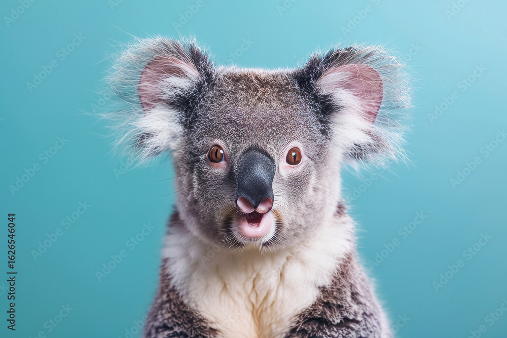 Fototapeta premium Koala with surprised expression on face isolated on blue background