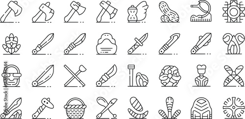 Essential survival tools icons set for outdoor adventures and preparedness gear planning icon collection