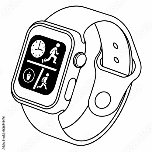 Modern smartwatch displaying fitness and time information with icons for running and a drink