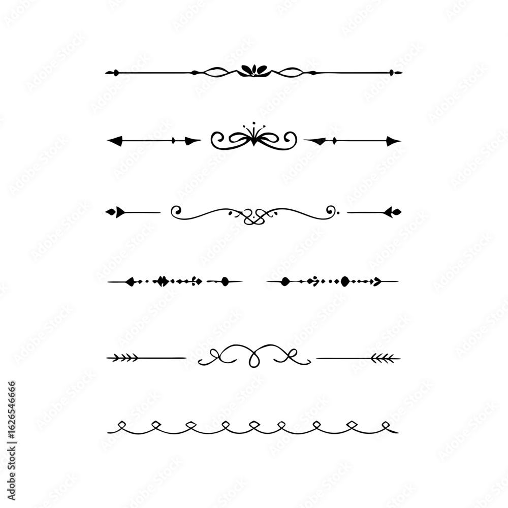 Fototapeta premium Hand drawn calligraphic dividers. Swirl victorian borders. Vector isolated royal decor separators. Classic wedding invitation calligraphic lines. 