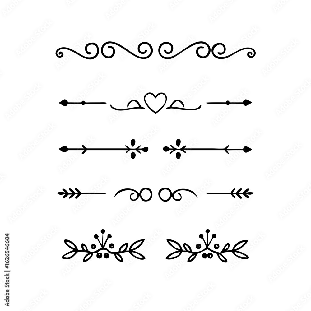 Obraz premium Hand drawn calligraphic dividers. Swirl victorian borders. Vector isolated royal decor separators. Classic wedding invitation calligraphic lines. 