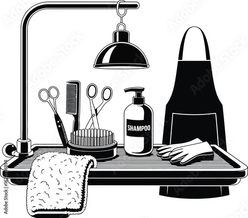 Professional grooming station equipment for pets ready for haircut and beauty treatment