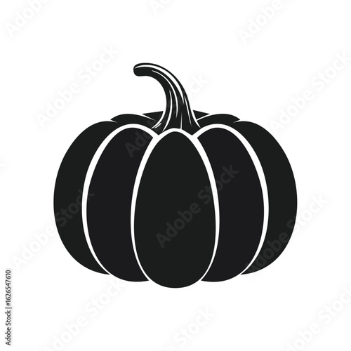 A simple black pumpkin silhouette icon. A classic vector graphic illustration of a ripe autumn gourd, perfect for Halloween or Thanksgiving.