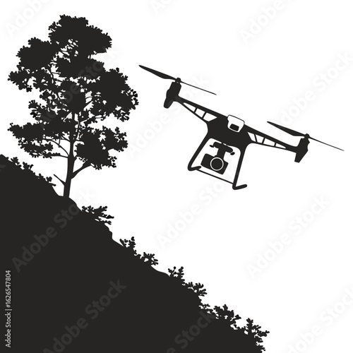 Silhouette of a drone with a camera flying near a tree on a hillside
