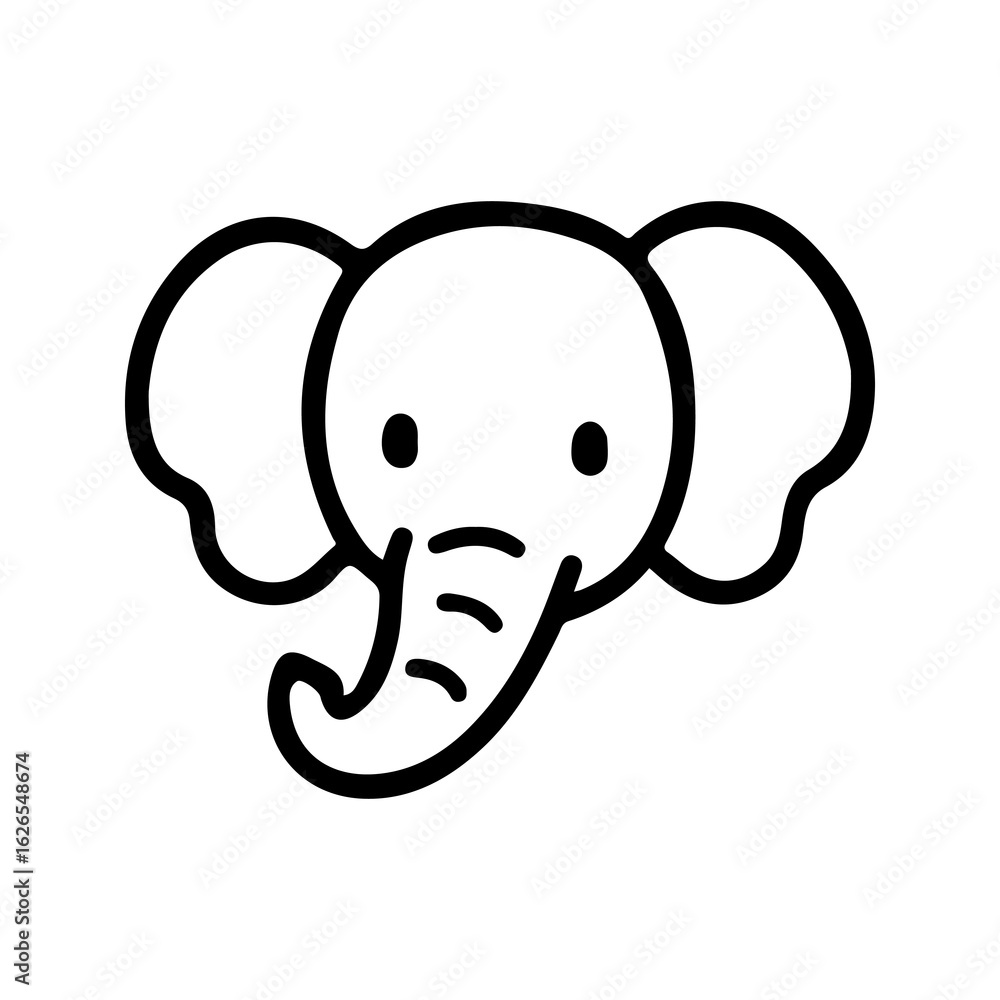Fototapeta premium Adorable cartoon elephant face vector illustration. Minimal black and white animal icon in cute style. Perfect for kids design, safari themes, stickers, prints, and educational projects.