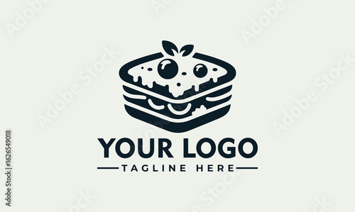 A stylized logo featuring a layered food item, possibly a sandwich or dessert, with toppings and leaves on top.